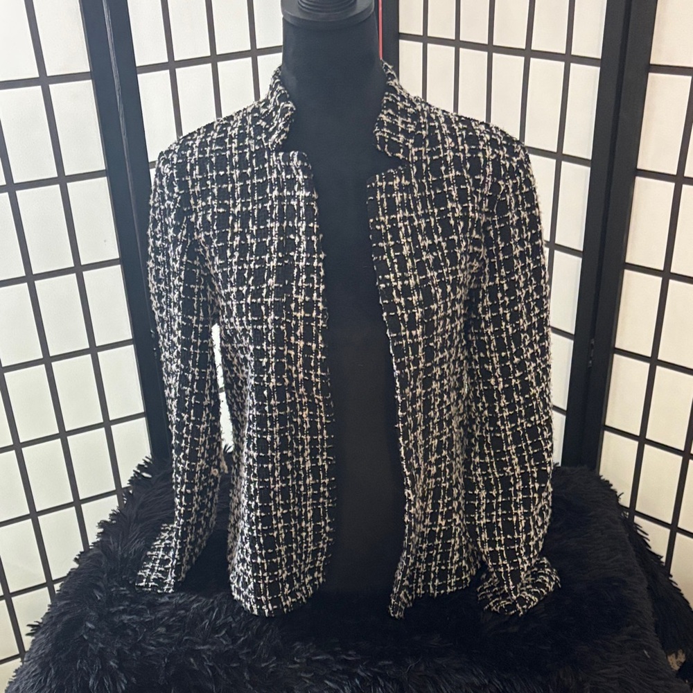Black & White Tweed Women's Jacket - Classic Open Front Blazer